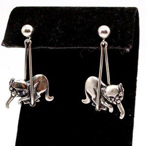 Sterling Silver Contemporary Cat Long Dangle Post Back Earrings